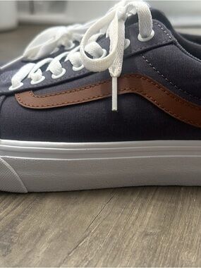 Vans Low-Top Canvas Sneakers in Navy with Brown Stripe